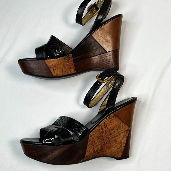 Prada Patchwork Wedges Retro Leather Wood Cork Y2K Boho Platform Heel Black 39.5 - Picture 12 of 16